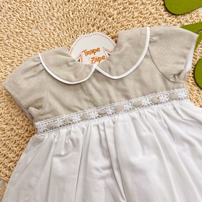 Vestido Manga Curta Bicolor - Areia e Off White